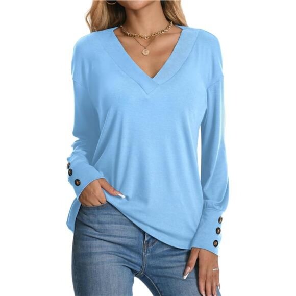 Women's V-Neck Button-Down Long Sleeve Casual T-Shirt Blouse - Picture 1 of 6